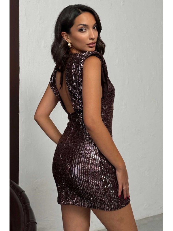 Topshow Işıltılı Pul İşlemeli, Arka Dekolteli, Mini Gece Elbisesi - Koyu Kahve | F1867